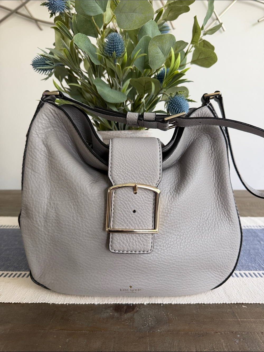 Kate Spade Light Gray Pebble Leather Shoulder Bag With Gold Buckle